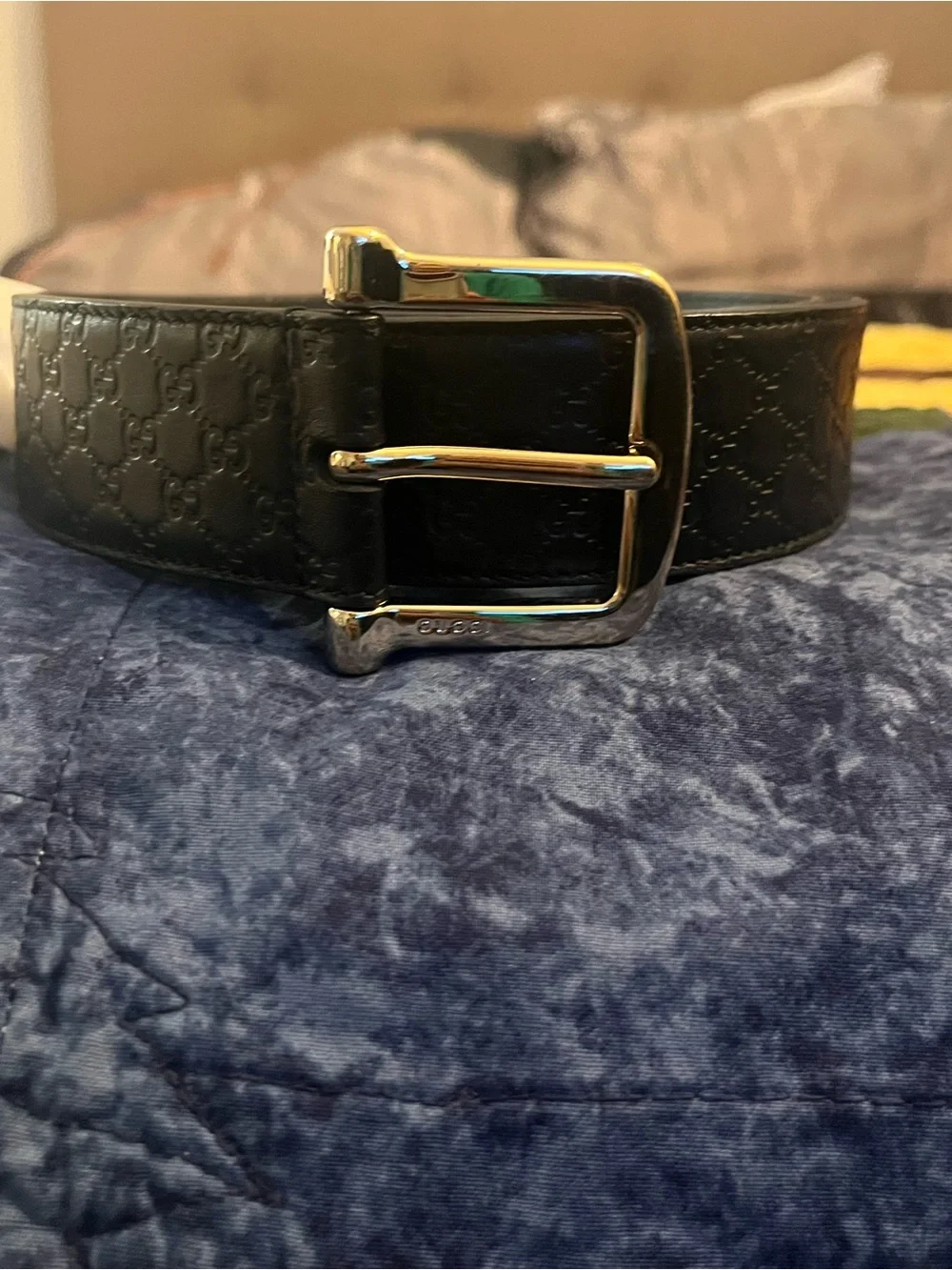 Gucci Black Embossed GG Leather Belt with Gold Buckle